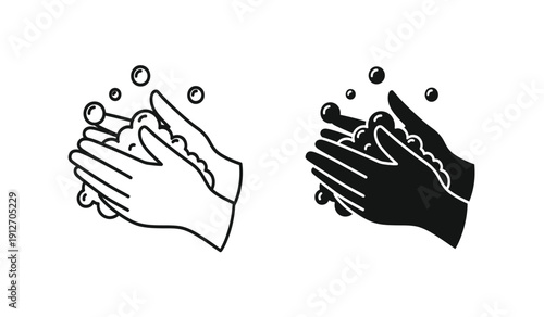 Black and white illustration of hands washing with soap bubbles