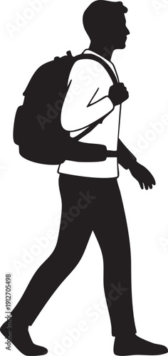 Student or traveler walking with a backpack on both shoulders silhouette isolated on white background minimalist hiking and education illustration
