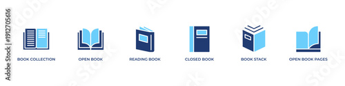 Book reading banner design with clean line icons featuring book collection, open book, reading book, closed book, book stack, and open book pages. Minimal black and white style suitable for website he