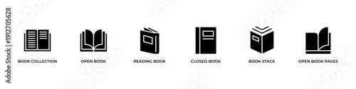 Book reading banner design with clean line icons featuring book collection, open book, reading book, closed book, book stack, and open book pages. Minimal black and white style suitable for website he
