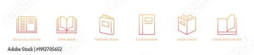Book reading banner design with clean line icons featuring book collection, open book, reading book, closed book, book stack, and open book pages. Minimal black and white style suitable for website he