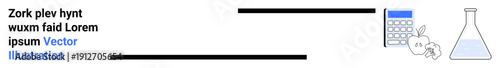 Education, research, nutrition, chemistry, calculation, academic tools. A calculator, apple and laboratory flask learning science and health. Education and research
