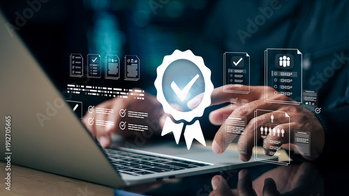 Konstfotografi Businessman using laptop with digital checklist and quality badge icon