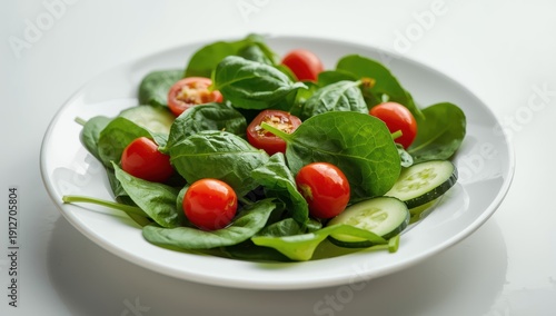 Fresh greens and veggies on a white plate