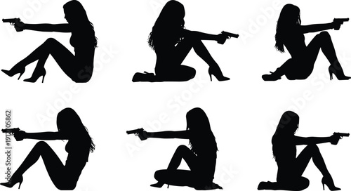 Female agent silhouette set, woman with handgun action poses sitting and aiming, security combat concept, black flat vector illustration