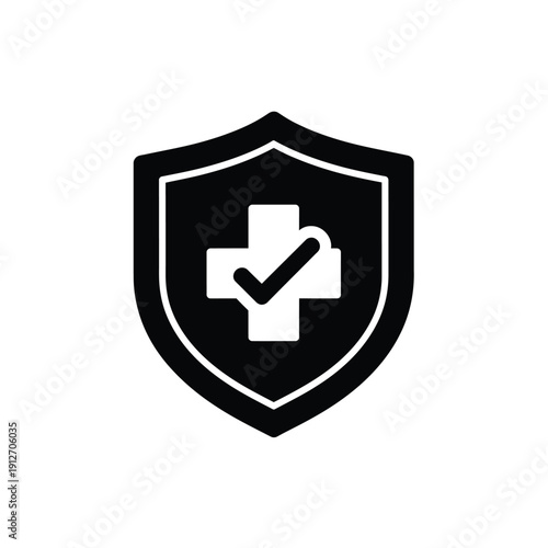 Black shield icon with white medical cross and checkmark symbol