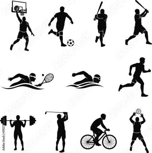 Silhouette icons of various sports and athletes in action
