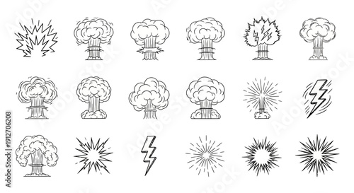 explosion starburst lightning bolt icons. doodle style depicts raw energy shockwave and impact for graphic design.