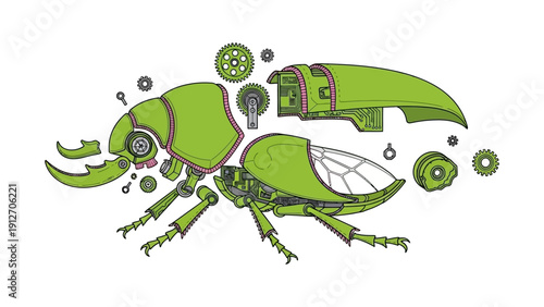 exploded diagram of a robot beetle highlighting internal circuit boards and gears illustrating biomimetic engineering and artificial intelligence.