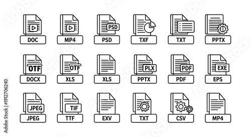 file format icons illustrating diverse digital document types and data extensions for uiux design and web.