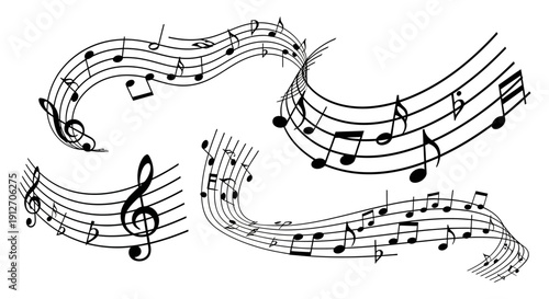 flowing musical notes and staves with clefs on white an abstract graphic for music education rhythmic design and creative art projects.