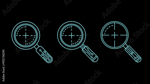 futuristic digital magnifying glasses with target reticles showcasing advanced search data analysis and precision cybersecurity concepts.