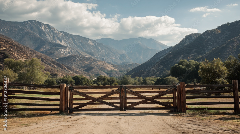 Fototapeta premium A gate is open in front of a mountain
