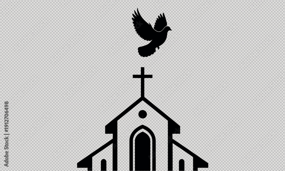 Fototapeta premium A black silhouette of a dove flying over a church with a cross