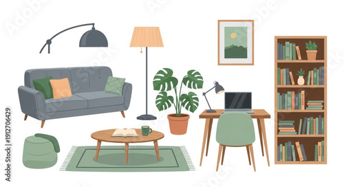 A collection of various living room and home office furniture items.