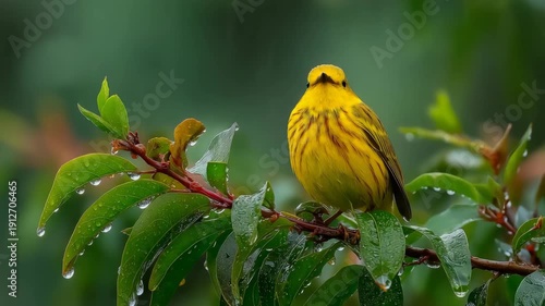 Yellow bird perched on a green branch during a gentle spring shower, fresh raindrops glistening on feathers in a serene, vibrant natural scene.