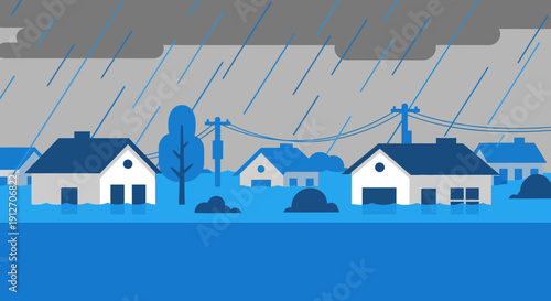Houses and buildings in a neighborhood flooded during heavy rain from a distant viewpoint