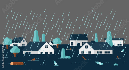 Flooded neighborhood with houses and debris swept away by heavy rain and strong winds in a dramatic scene