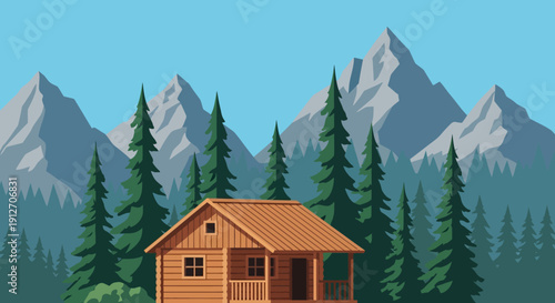 A serene wooden cabin nestled among tall trees in a mountainous landscape viewed from a distance