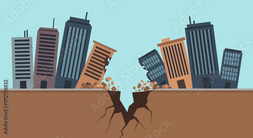 Cityscape devastated by earthquake, buildings crumbling, destruction unfolding, urban landscape, disaster scenario