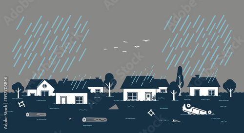 Flooding in a residential area with houses and trees under heavy rain from an aerial viewpoint