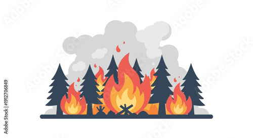 Forest landscape engulfed in massive wildfire viewed from a distant perspective