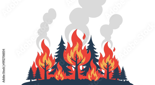 Forest fire engulfing trees with flames rising high into the smoke-filled air, viewed from a distance