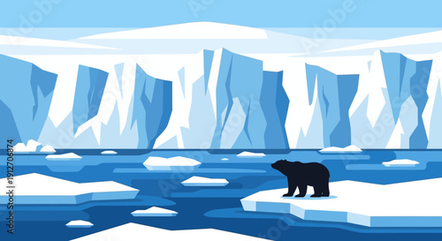 A lone polar bear stands on an ice floe amidst icy waters and glaciers from an aerial viewpoint