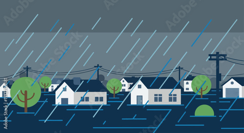 Houses and trees flooded in heavy rain from a high vantage point