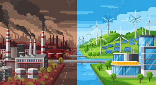 Industrial pollution contrasted with renewable energy sources near a river landscape viewed from a distance