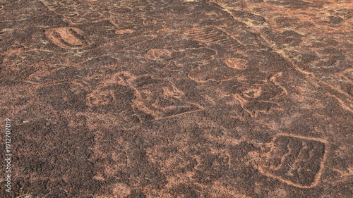Fotografie Prehistoric elephant petroglyph carved on laterite rock plateau at Ukshi, Ratnagiri district, Maharashtra, India