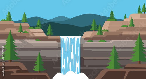 A majestic waterfall cascades down layered rock formations surrounded by evergreen trees and distant mountains under a clear blue sky.