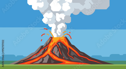 A vibrant illustration of a volcano erupting with molten lava flowing down its sides and a plume of smoke billowing into the clear blue sky.