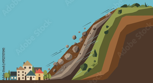 Illustration depicting a landslide threatening a small town nestled at the base of a steep, vegetated hill.