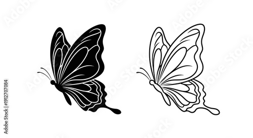 Two butterflies, one black and one white, illustrations, vector art, minimalist design Vector