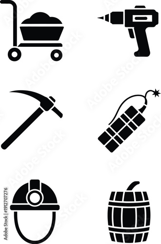 Black silhouettes of mining and construction tools and equipment