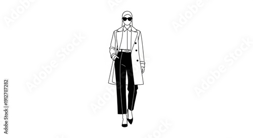 Fashionable woman in stylish outfit walking confidently in elegant attire.