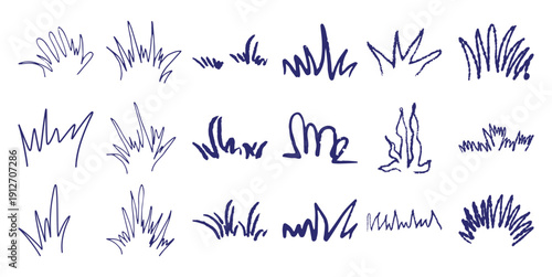 Collection of hand drawn abstract blue grass tufts white nature plant