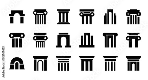 Collection of architectural column vector icons in black and white.