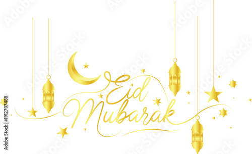 Eid mubarak greeting card with golden decorations and crescent moon on eps vector