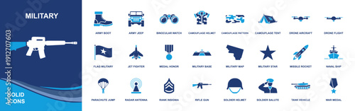 Military icon set. Containing army boot, jeep, helicopter, tank, plane, star, soldier, weapon, ship, helmet, military base, and more. Solid vector icons collection for military, defense, and combat de