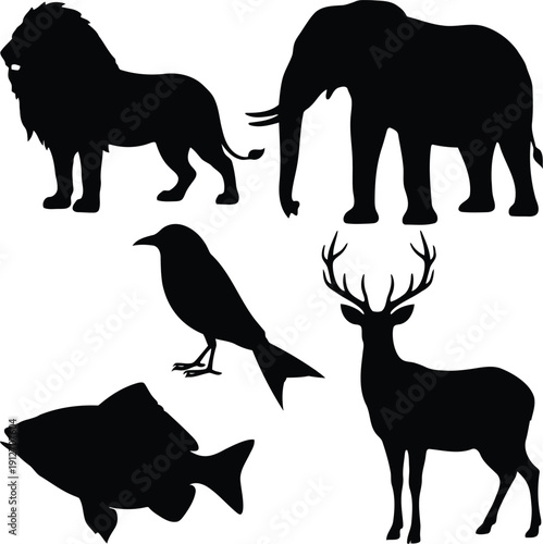 Vector illustration set of animal silhouettes including lion, deer, bird, elephant and  fish farm animals
