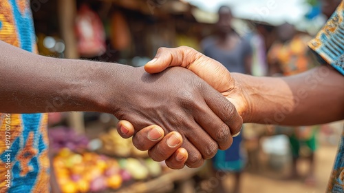 Fair payment handshake in cocoa trade village market