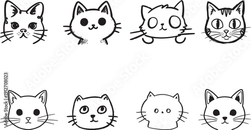 Cat head collection with various cute expressions and hand drawn doodle styles of different feline faces for creative pet lover projects and animal illustrations with simple black outline drawings