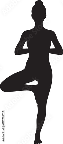 Woman in graceful tree pose Vrksasana yoga silhouette isolated on white background minimalist wellness and balance exercise illustration