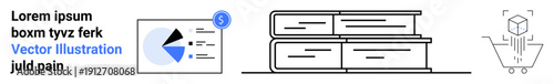 Pie chart with financial data, stacked books representing knowledge, shopping cart with cube item. Ideal for finance, education, e-commerce, business, analytics, marketing simple landing page