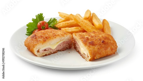 Ham and cheese-stuffed schnitzel cutlet on white background