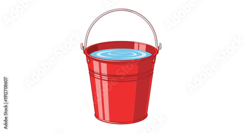 Red metal bucket with handle filled with blue liquid isolated on transparent background