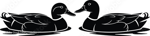 Cute duck pair silhouette on water, black simple bird illustration, wildlife nature vector, elegant waterfowl line art