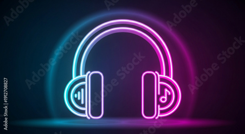 Neon headphones with colorful glowing effect on dark background for music and technology concepts